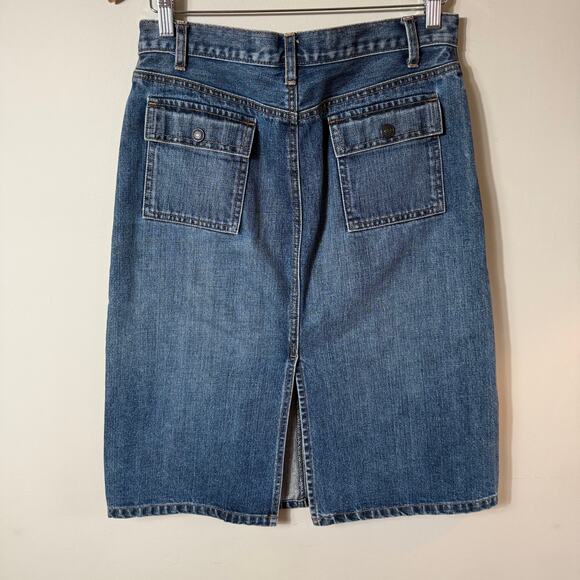 Genuine Y2K Gap Denim Midi Skirt Flap Pockets SZ 4 Med Wash Stretch - Picture 2 of 9